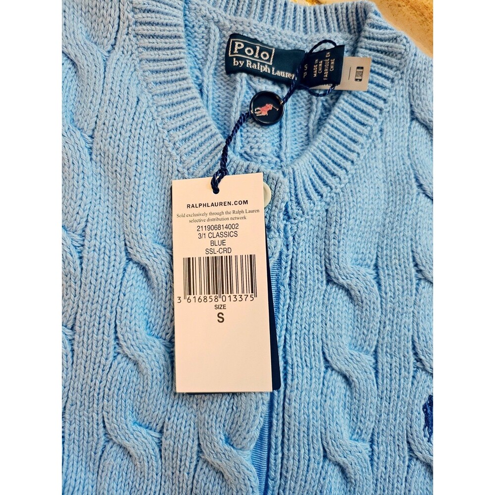 POLO Ralph Lauren Cable-Knit Cotton Short-Sleeve Cardigan, Blue, S, NWT - Picture 5 of 16